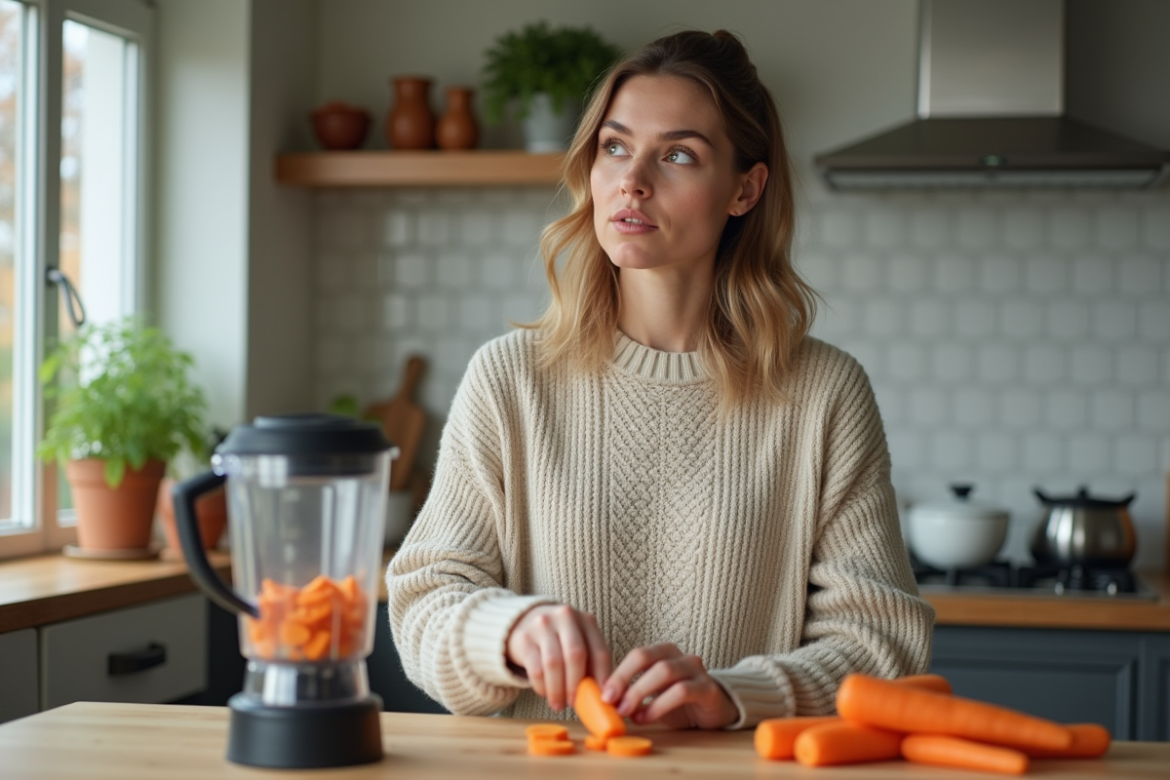 Femme en cuisine coupant des carottes fraîches