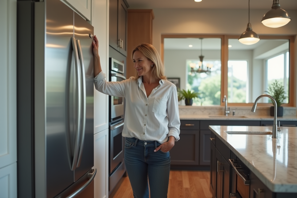 Femme réfléchissant devant un réfrigérateur moderne dans la cuisine