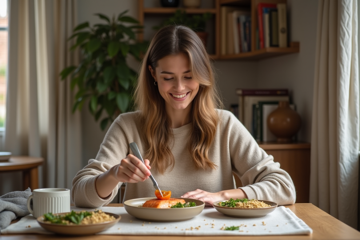 Femme souriante servant un repas équilibré à la maison