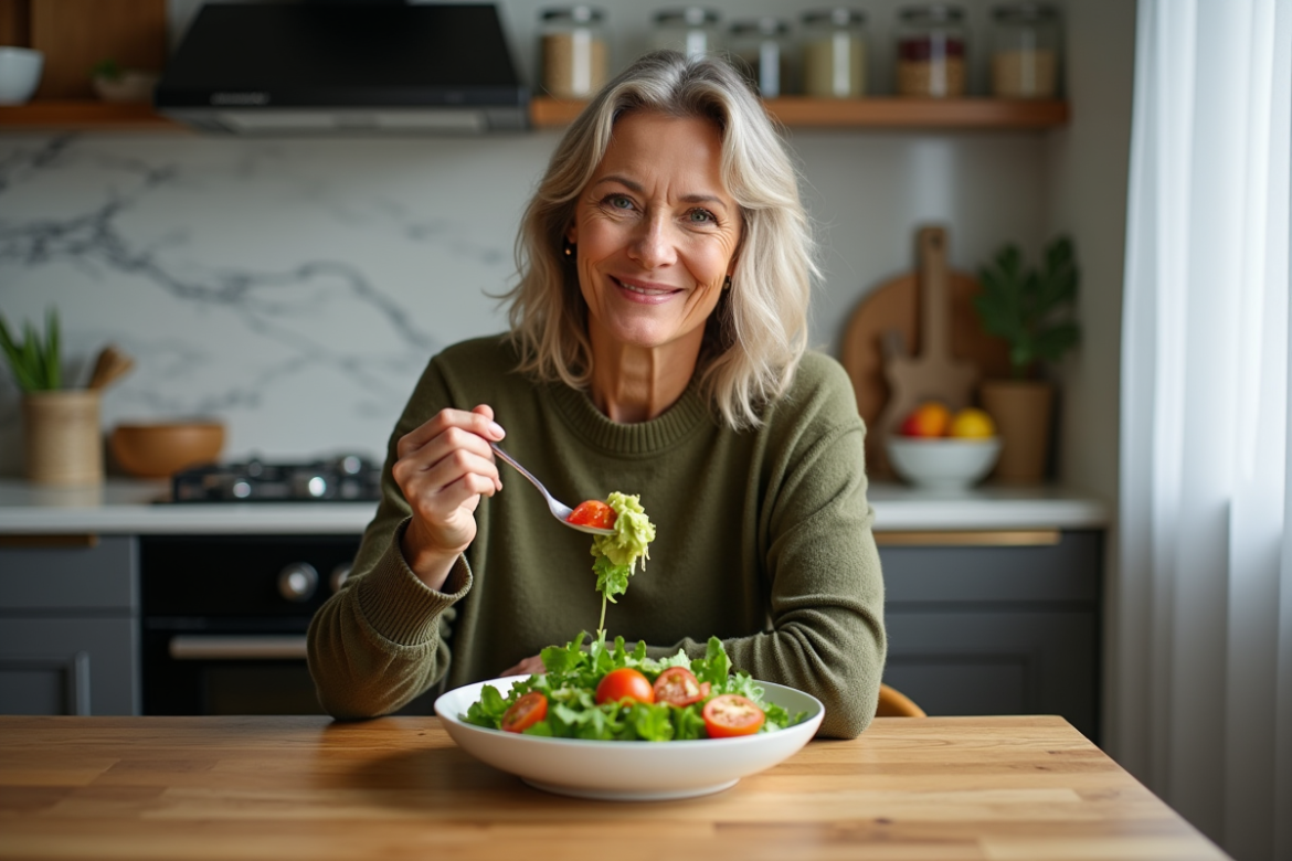 Femme souriante dégustant une salade dans une cuisine moderne