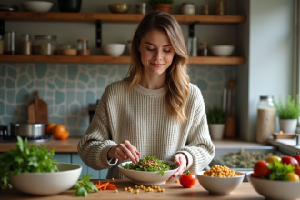 Jeune femme préparant une salade colorée aux légumes frais