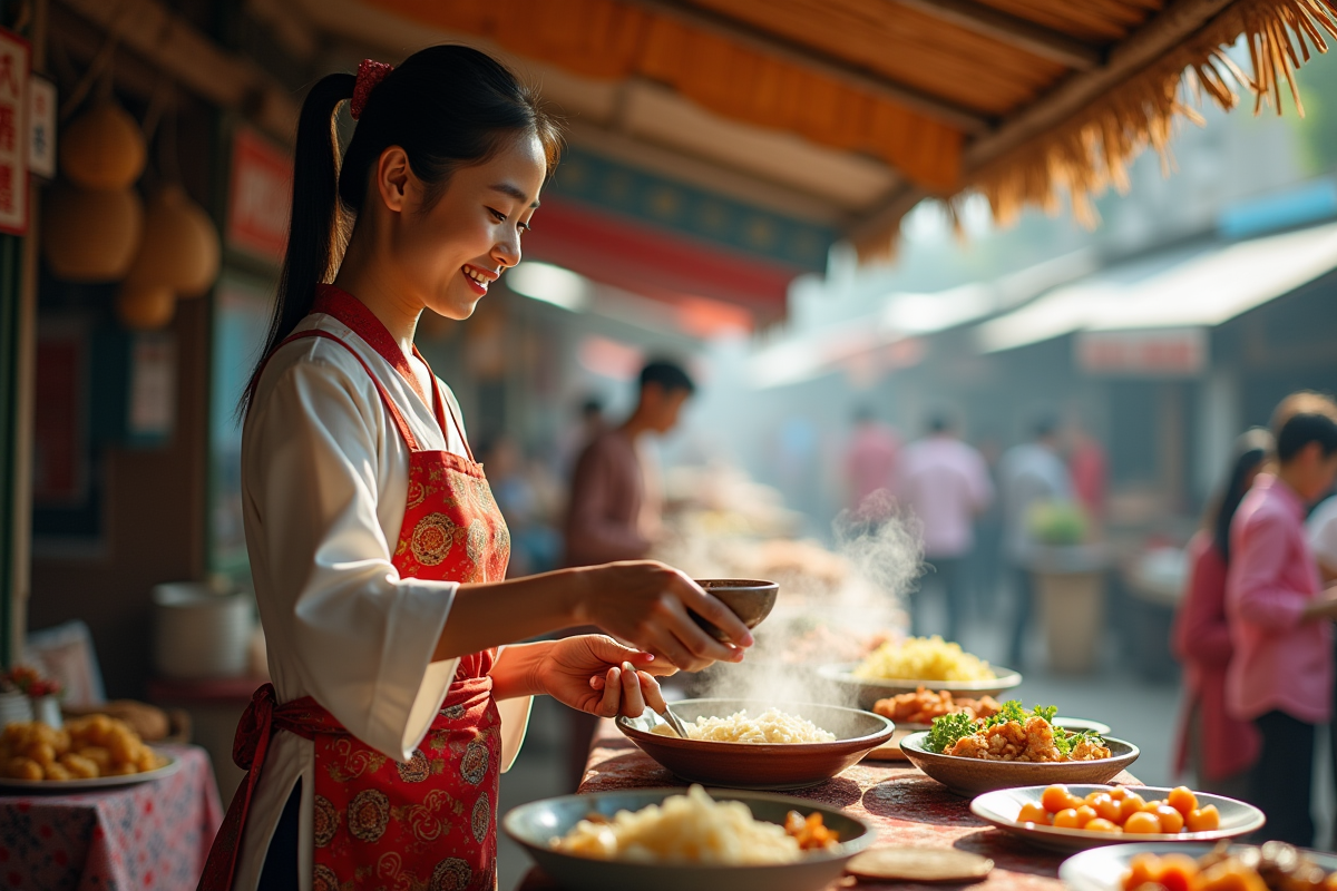 Jeune femme asiatique servant des plats dans un marché animé