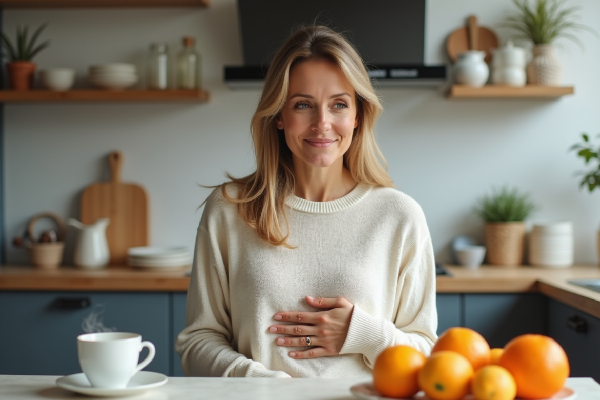Femme pensant en tenant son ventre avec fruits et thé