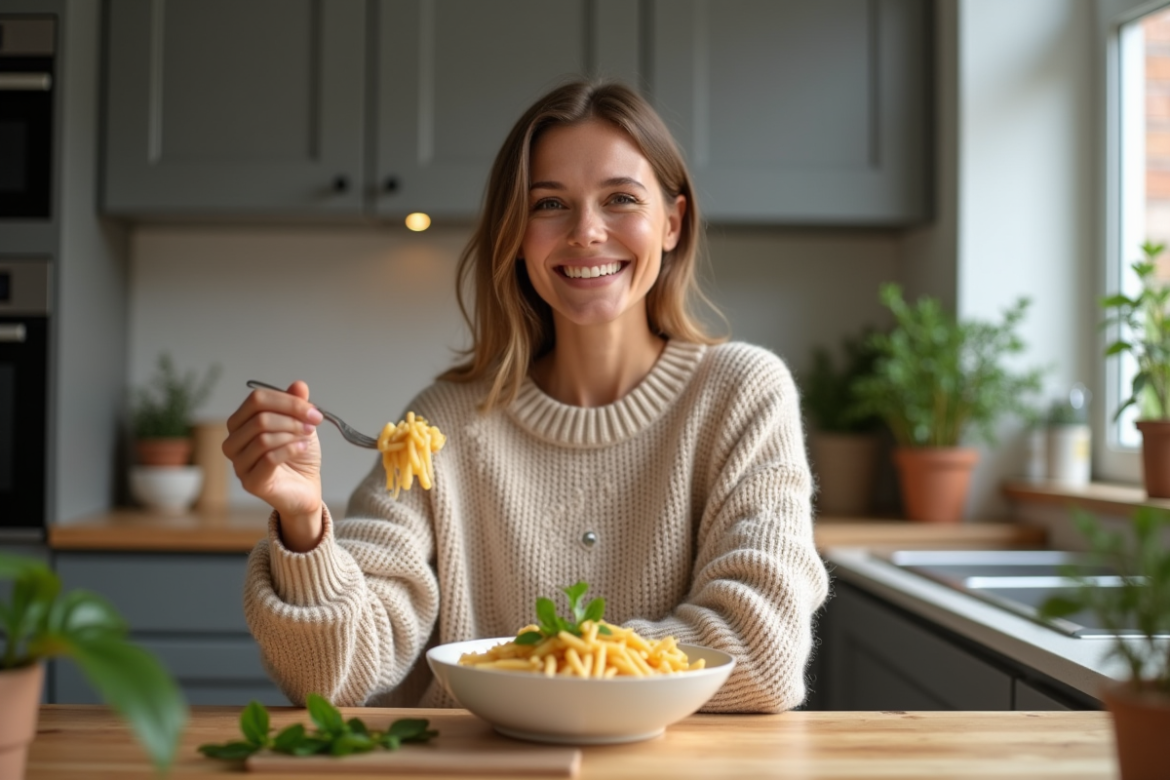 Jeune femme souriante dégustant des pâtes complètes dans la cuisine