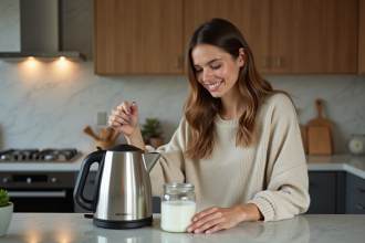 Jeune femme versant du vinaigre dans une bouilloire électrique