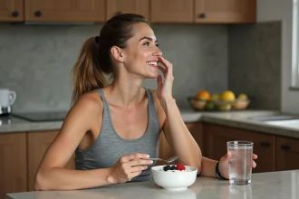 Femme dégustant un bol de yogourt aux fruits dans la cuisine