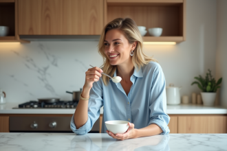Femme souriante dégustant un yaourt dans une cuisine moderne