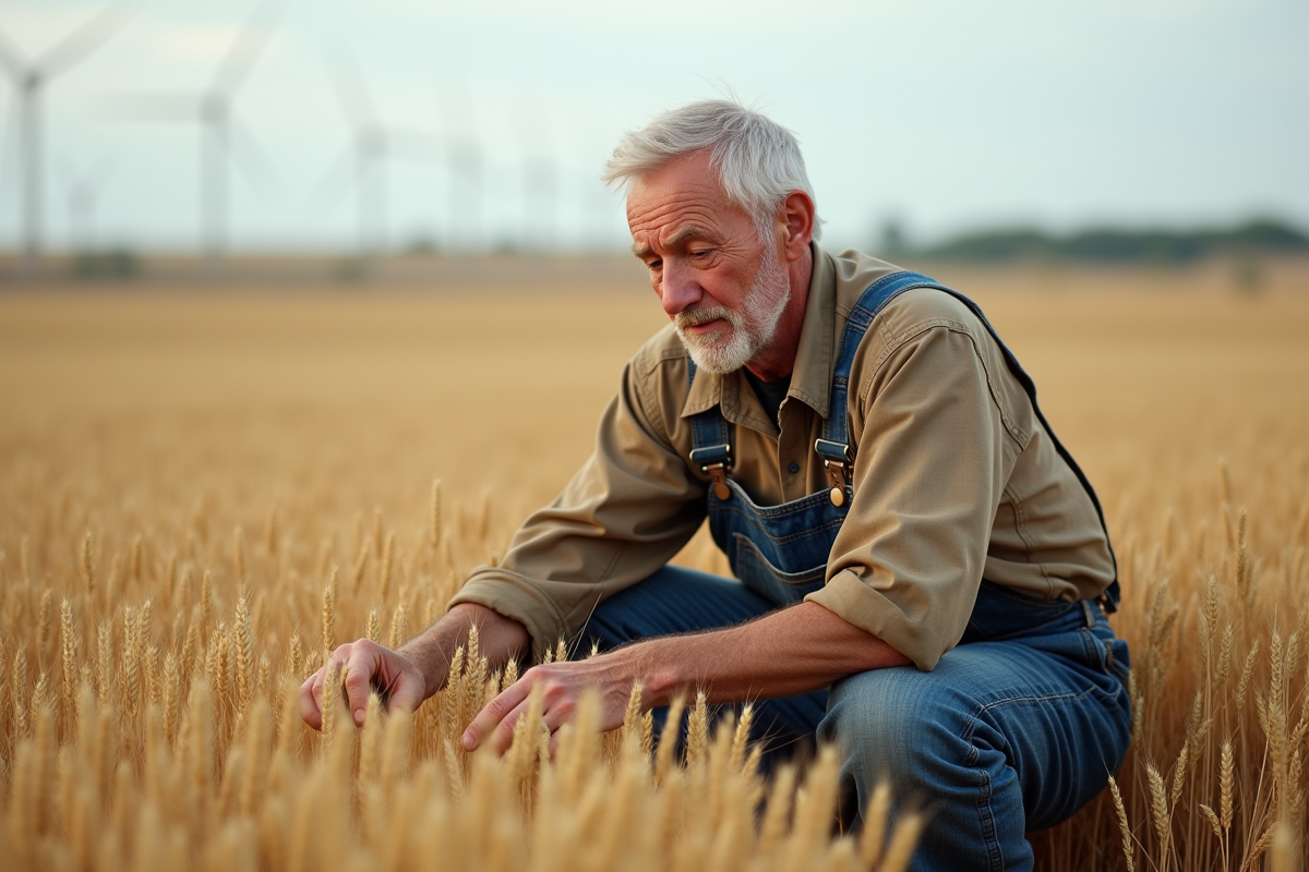Vieux fermier inspectant des champs de blé dans un paysage rural