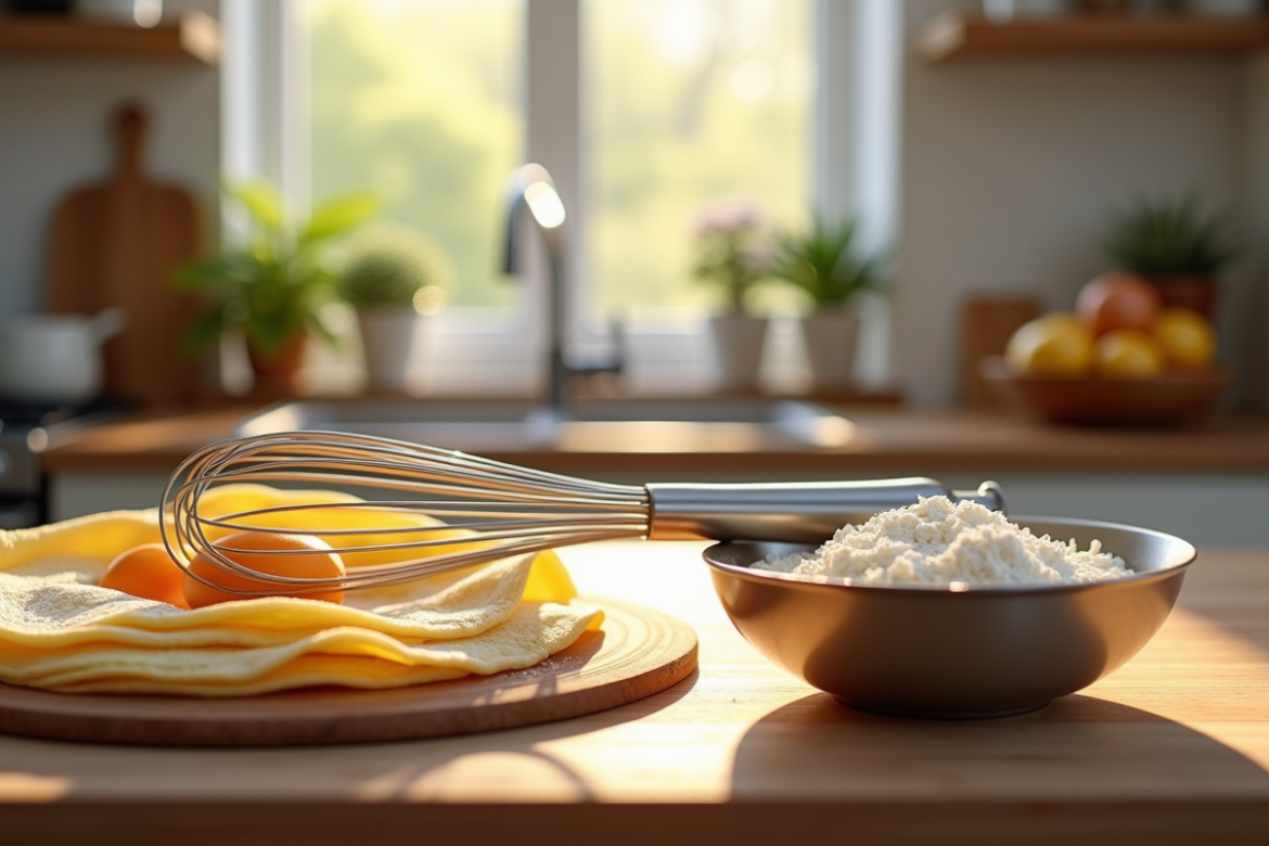Fouet en inox sur plan de travail en bois avec ingrédients pour crêpes