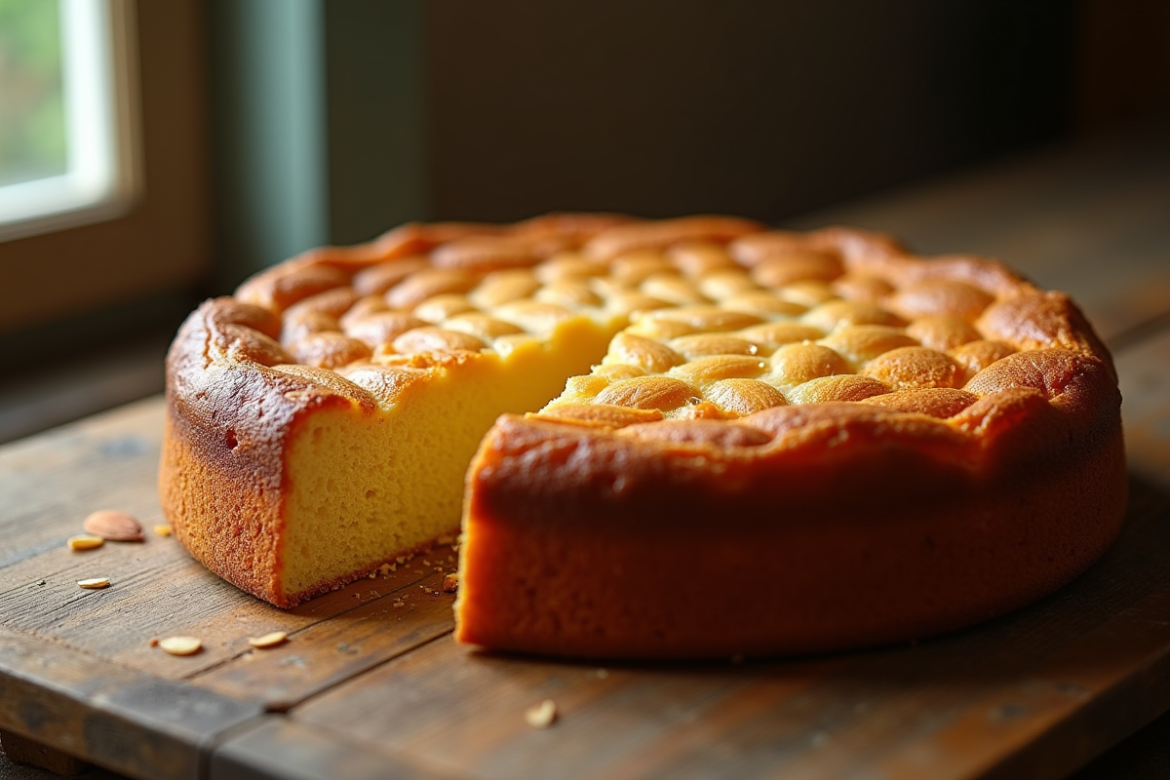 Gâteau basque aux amandes doré sur une table en bois