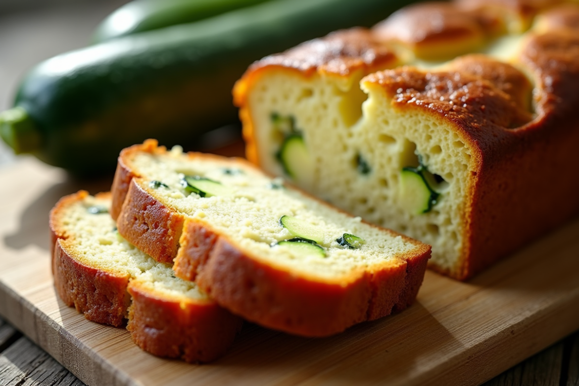 Gâteau de courgette et chèvre tranché sur table rustique