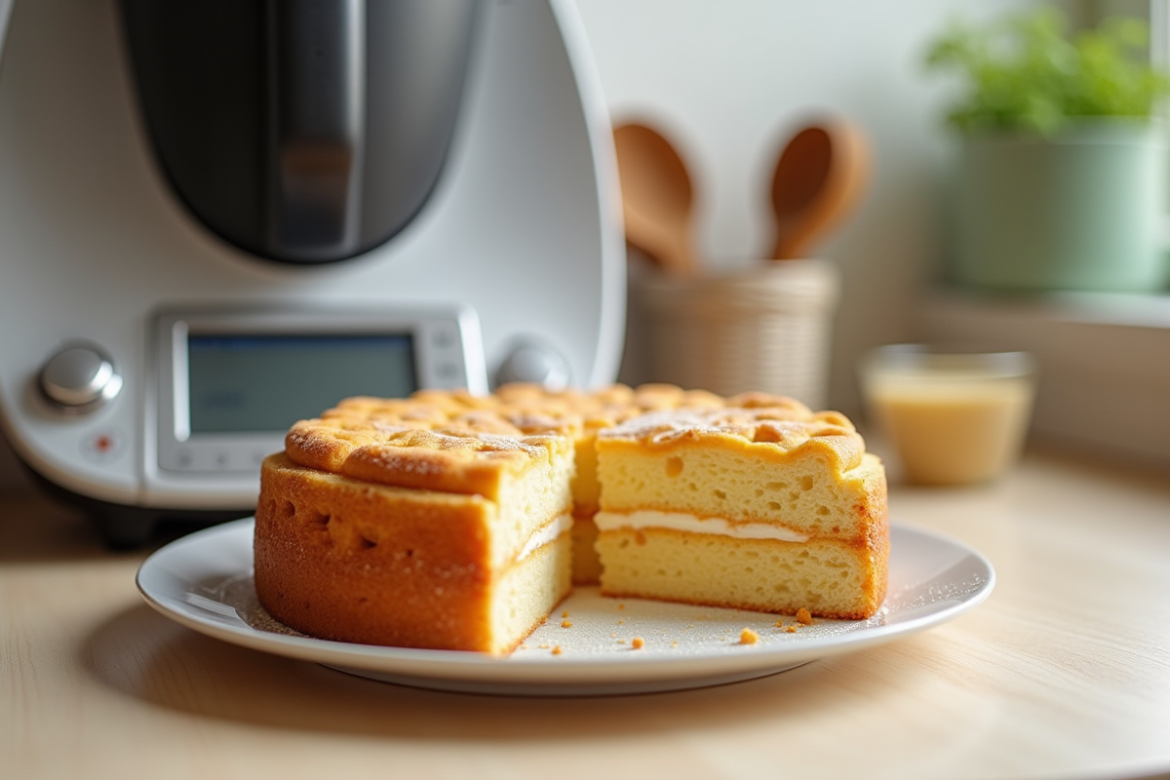 Gâteau dacquoise tranché avec textures visibles sur table en bois