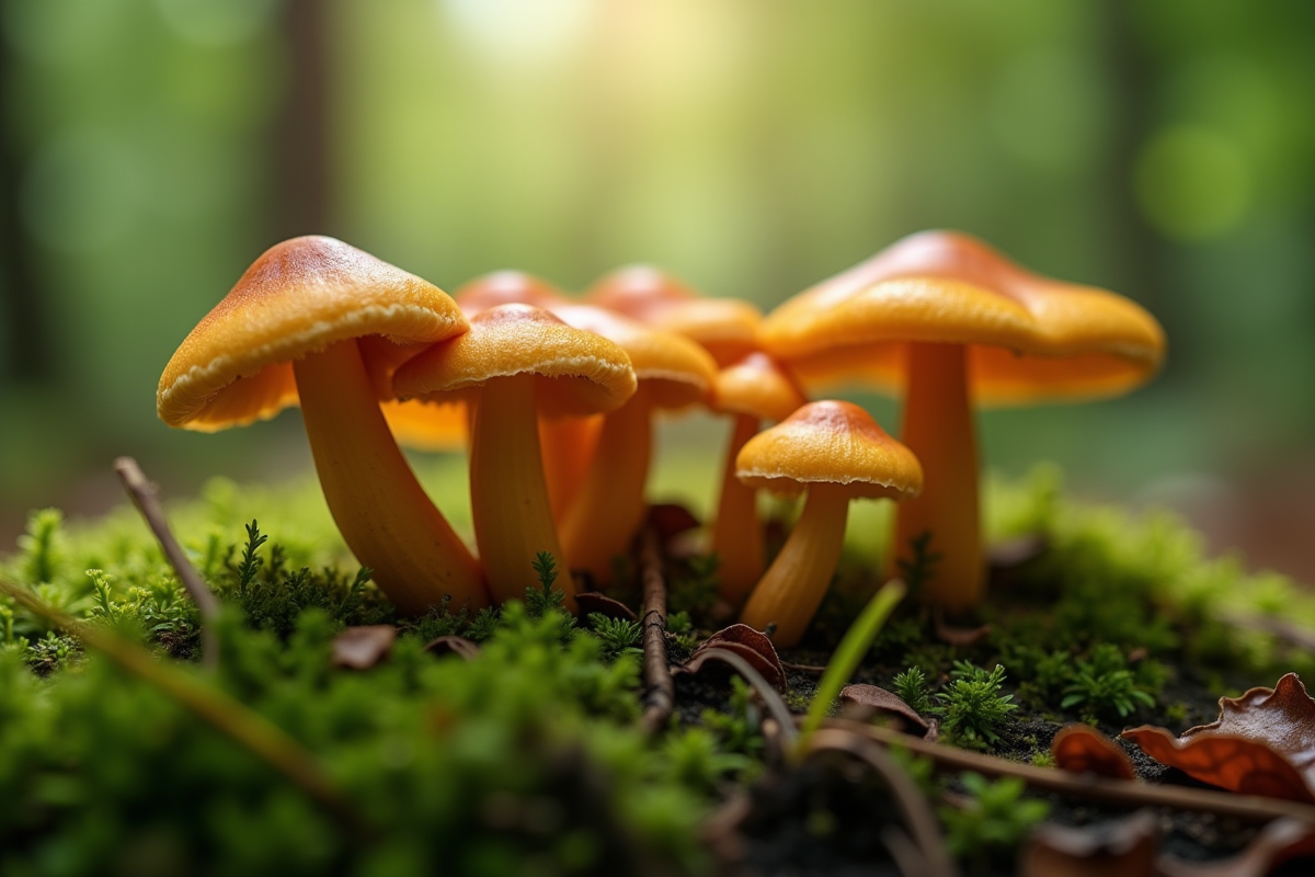Groupe de chanterelles sur sol forestier avec mousse