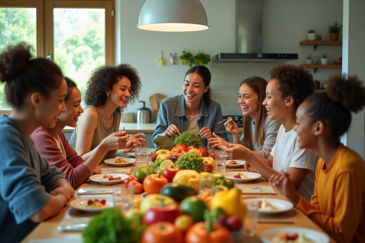 Groupe de jeunes adultes avec fruits et légumes frais