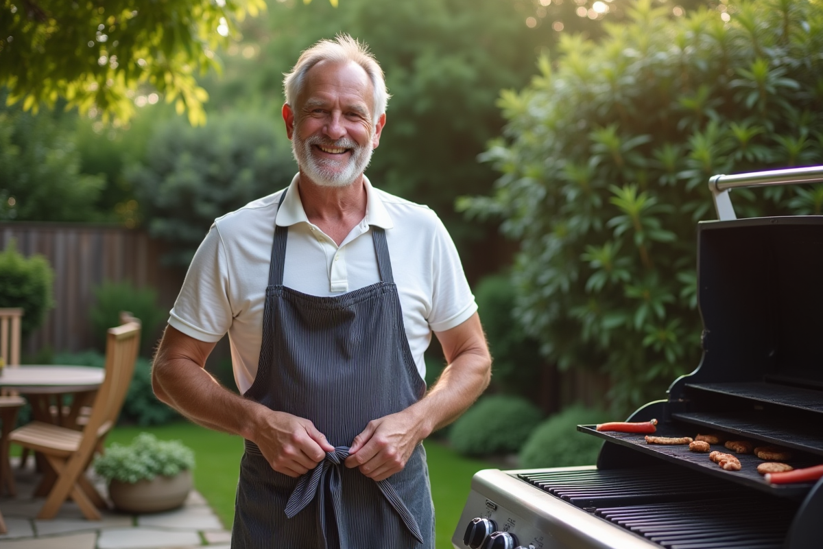 Homme souriant attachant un tablier devant un barbecue extérieur