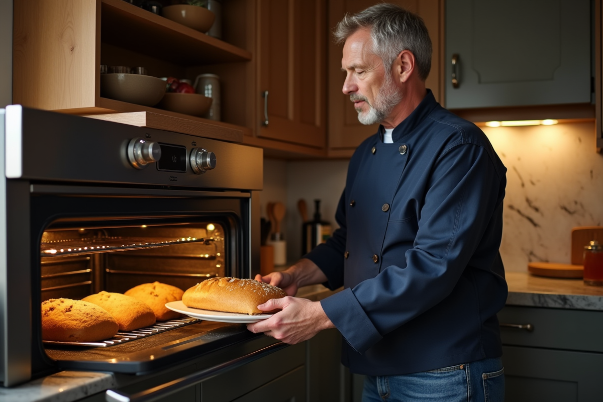 Homme en cuisine vérifiant pain doré dans four traditionnel