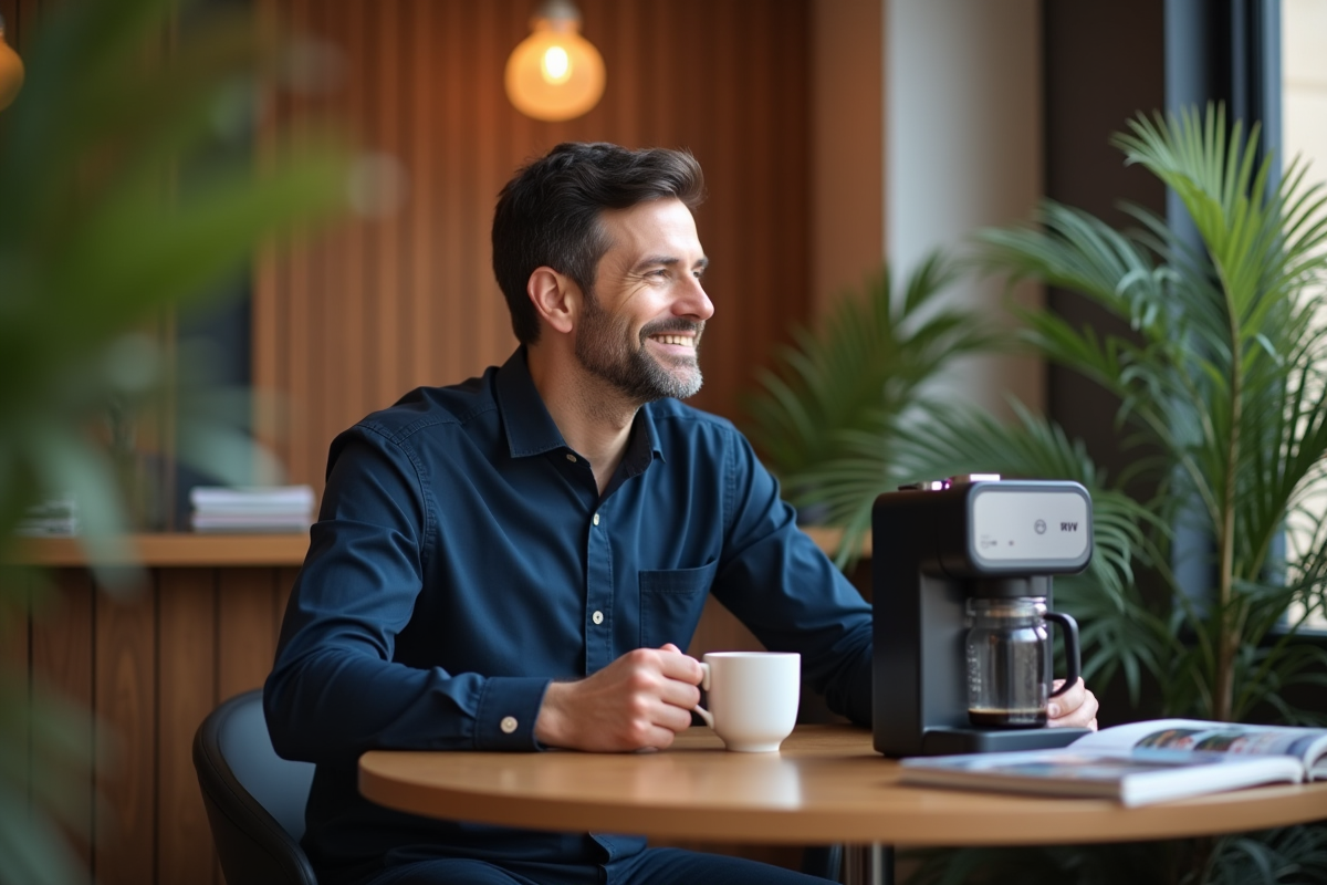 Homme dégustant un espresso dans un espace de bureau cosy