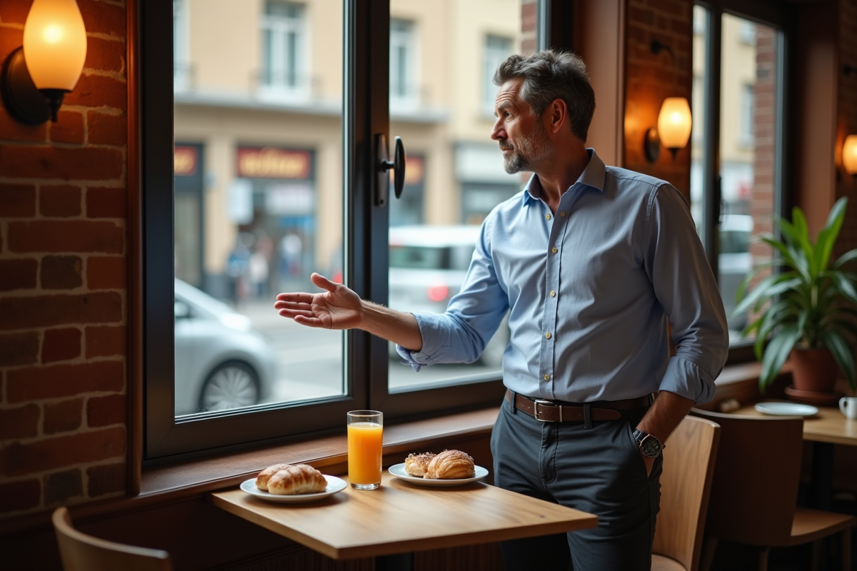 Homme polie refusant des pâtisseries dans un café