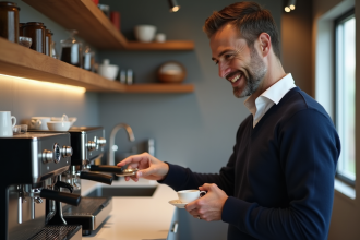 Homme d'âge moyen versant du café dans une tasse dans une cuisine moderne