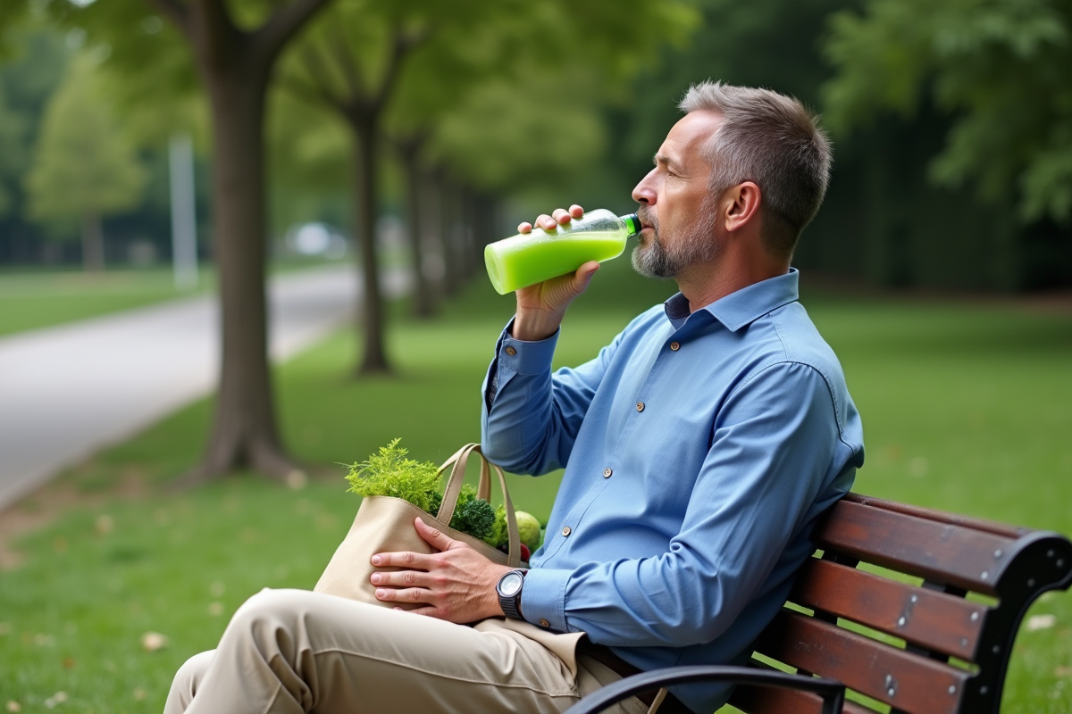 Homme détendu buvant une boisson detox dans un parc