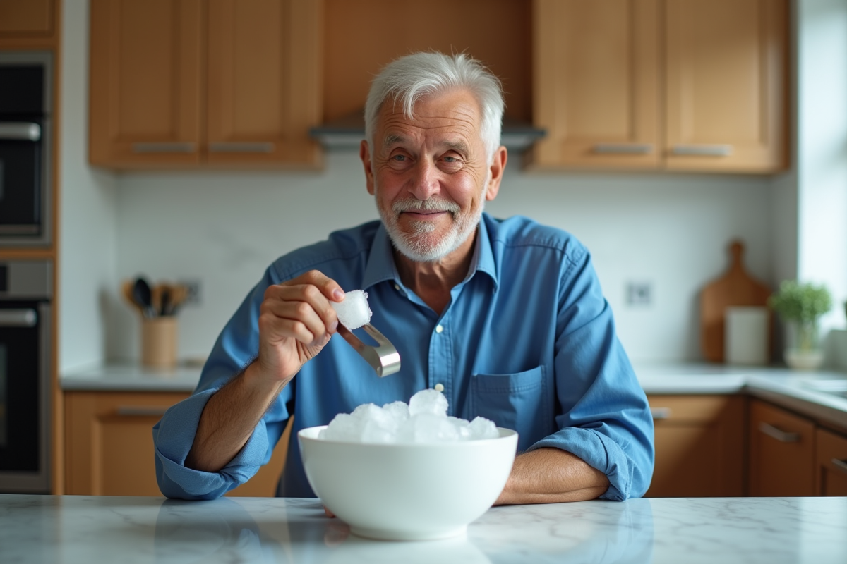 Homme âgé souriant avec un glaçon dans une cuisine moderne