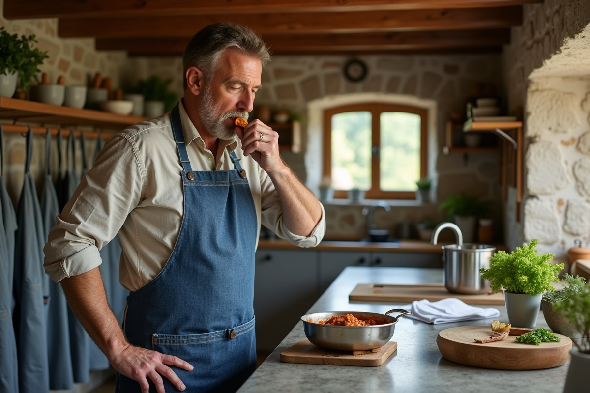 Homme dégustant une sauce dans une cuisine rustique