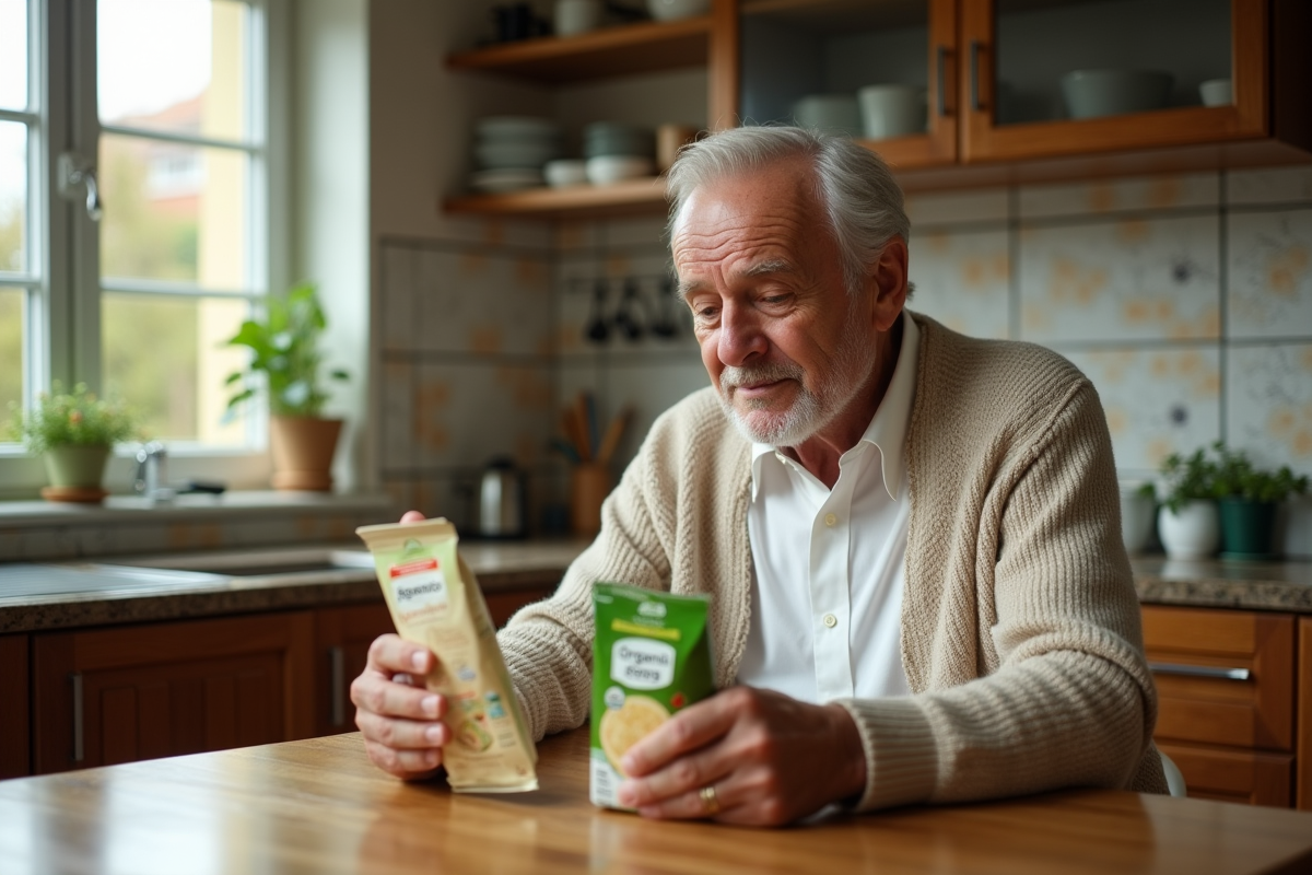Homme âgé lisant des étiquettes dans la cuisine