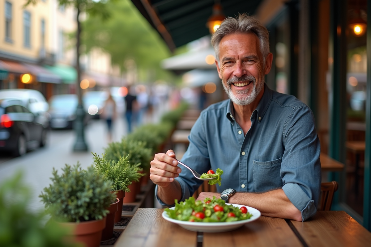Homme dégustant une salade dans un café en plein air