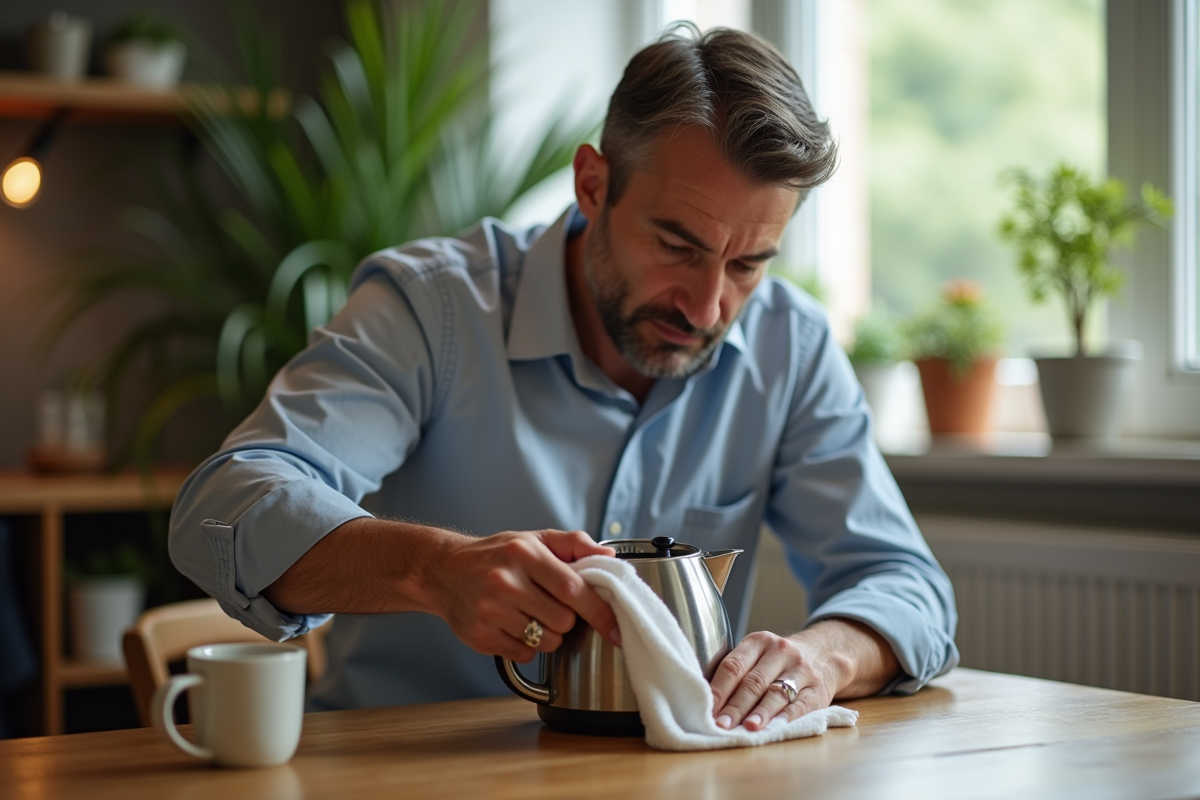 Homme nettoyant l interieur d une bouilloire électrique
