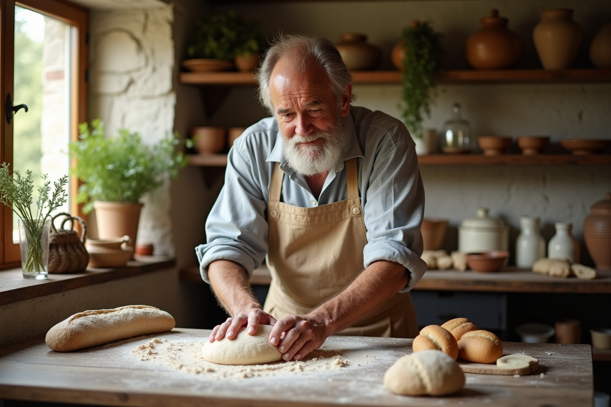 Homme âgé pétrissant de la pâte à pain dans une cuisine rurale