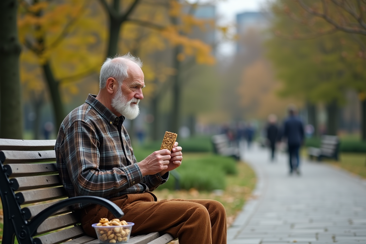 Homme âgé dégustant une barre de céréales dans un parc urbain