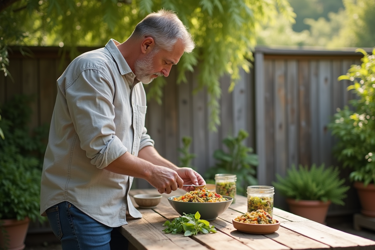 Homme préparant une salade de lentilles sur une terrasse ensoleillée