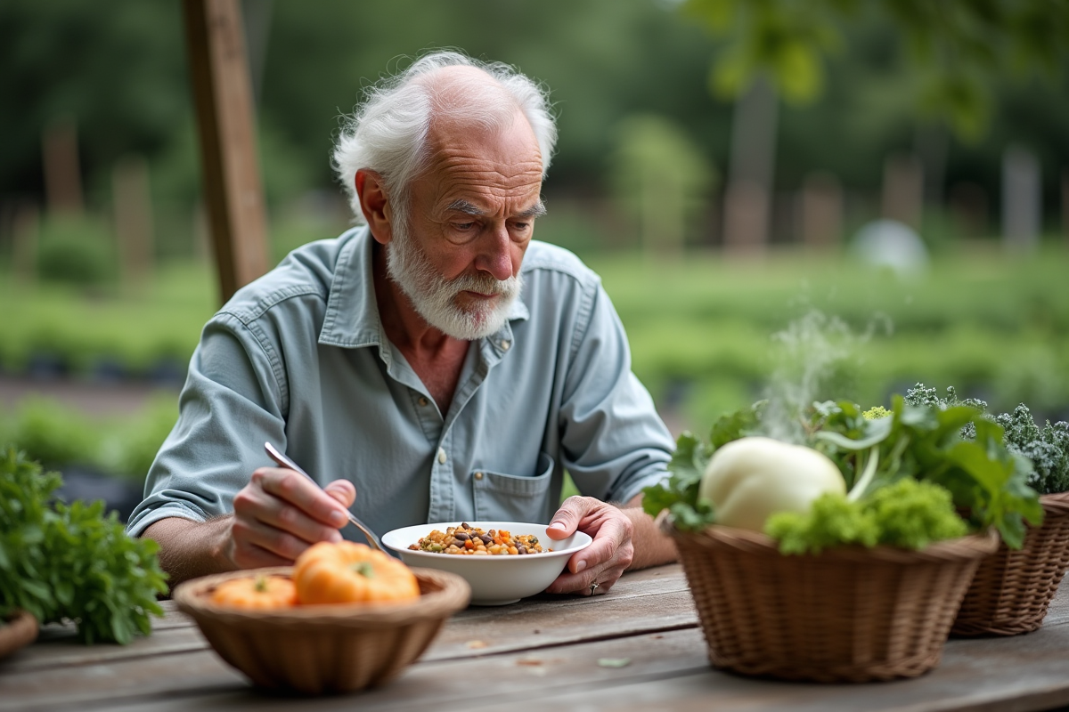 Homme âgé dégustant un ragoût de lentilles en plein air