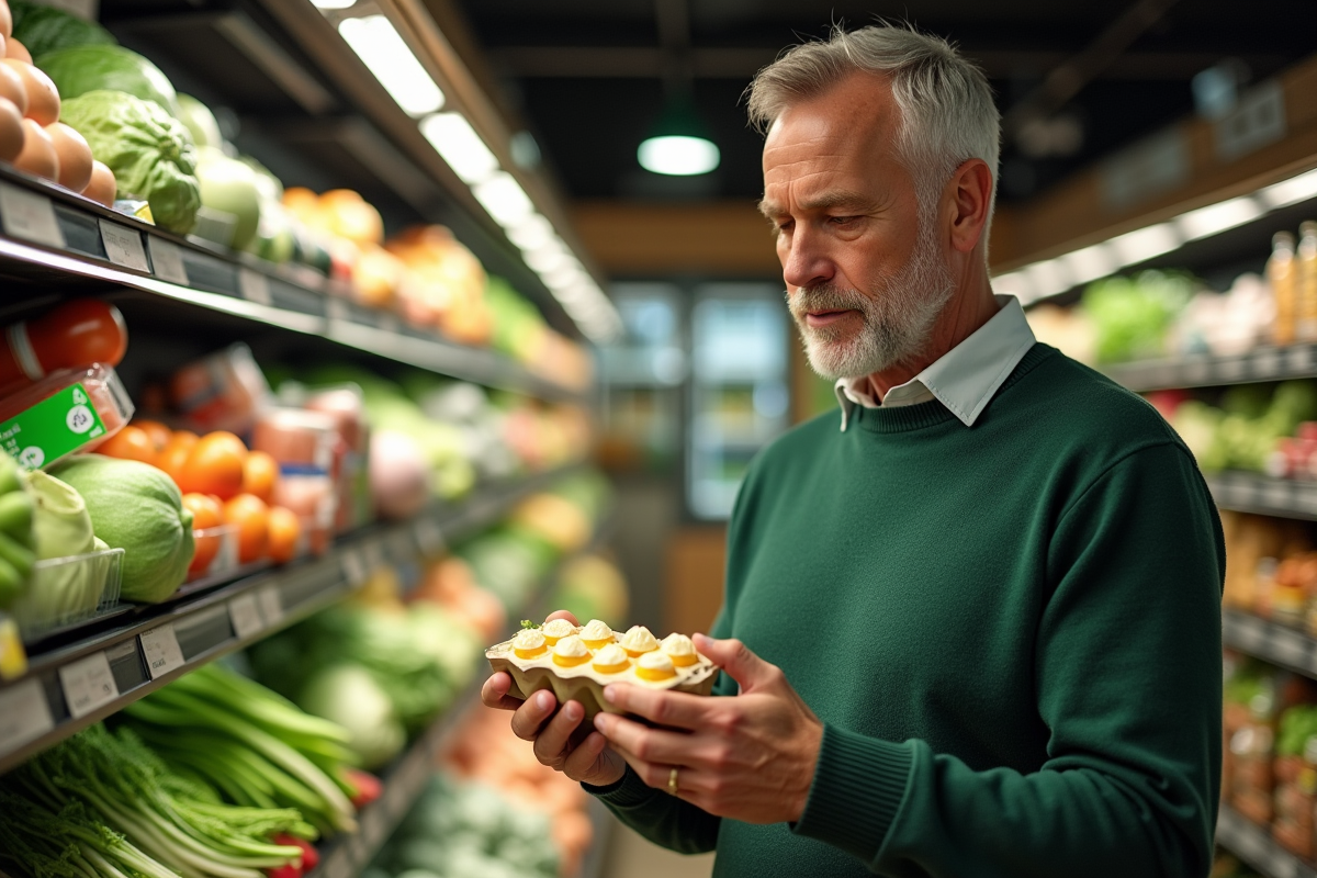 Homme vérifiant l étiquette d un substitut d œuf végétal dans un supermarché