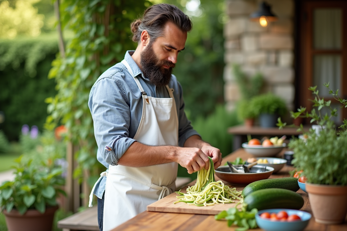 Homme préparant spaghetti de zucchini en extérieur