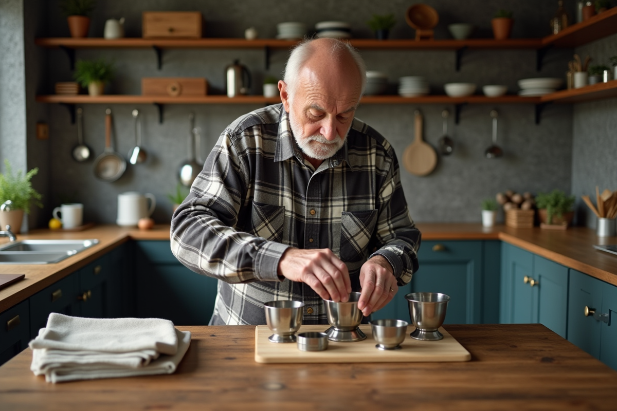 Homme âgé assemble des accessoires de mixeur à la table