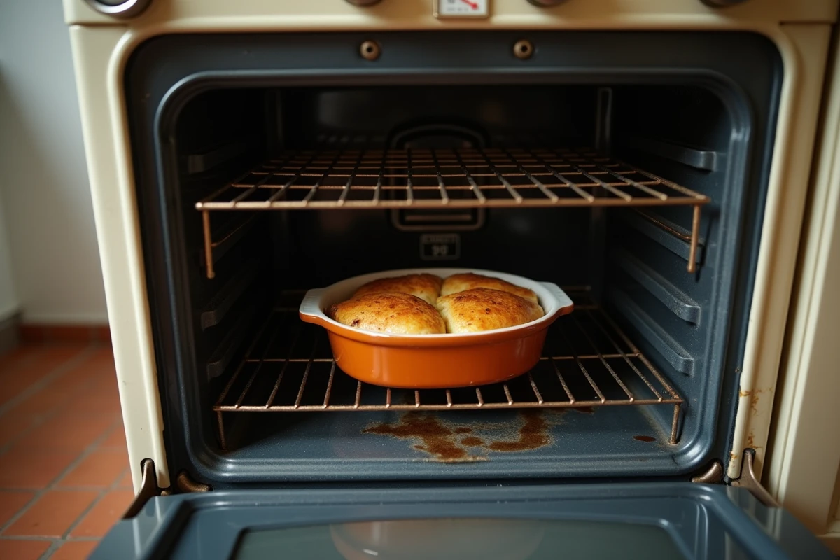 Intérieur d'un four traditionnel ouvert avec un plat à gratin doré et un thermomètre indiquant 200 degrés, thermostat visible en position 6-7
