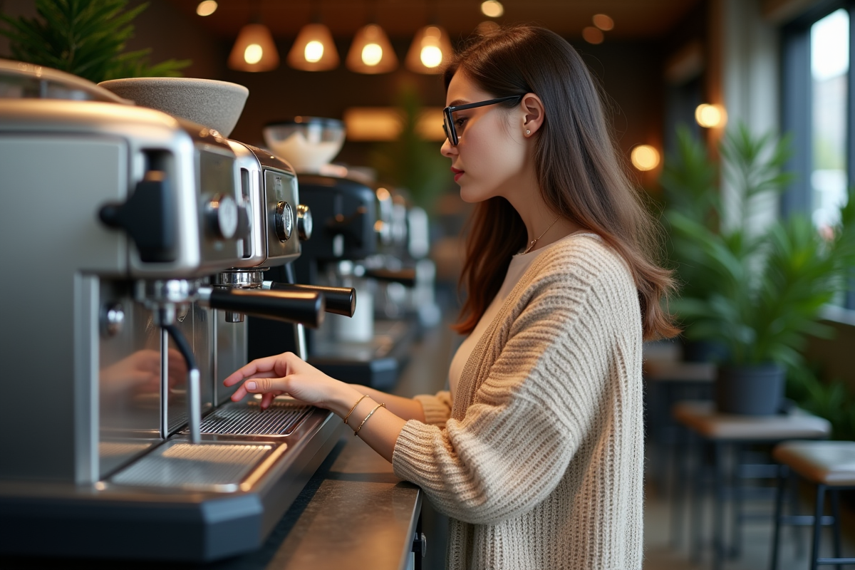 Jeune femme évaluant des machines à café dans un showroom élégant