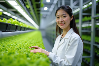 Jeune femme en blouse blanche vérifiant des laitues hydroponiques