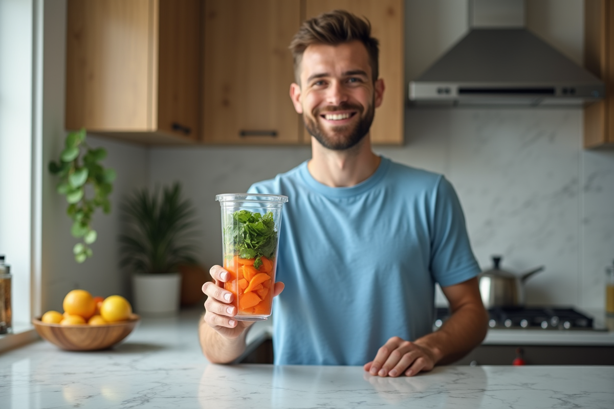 Jeune homme tenant un blender avec carottes coupées