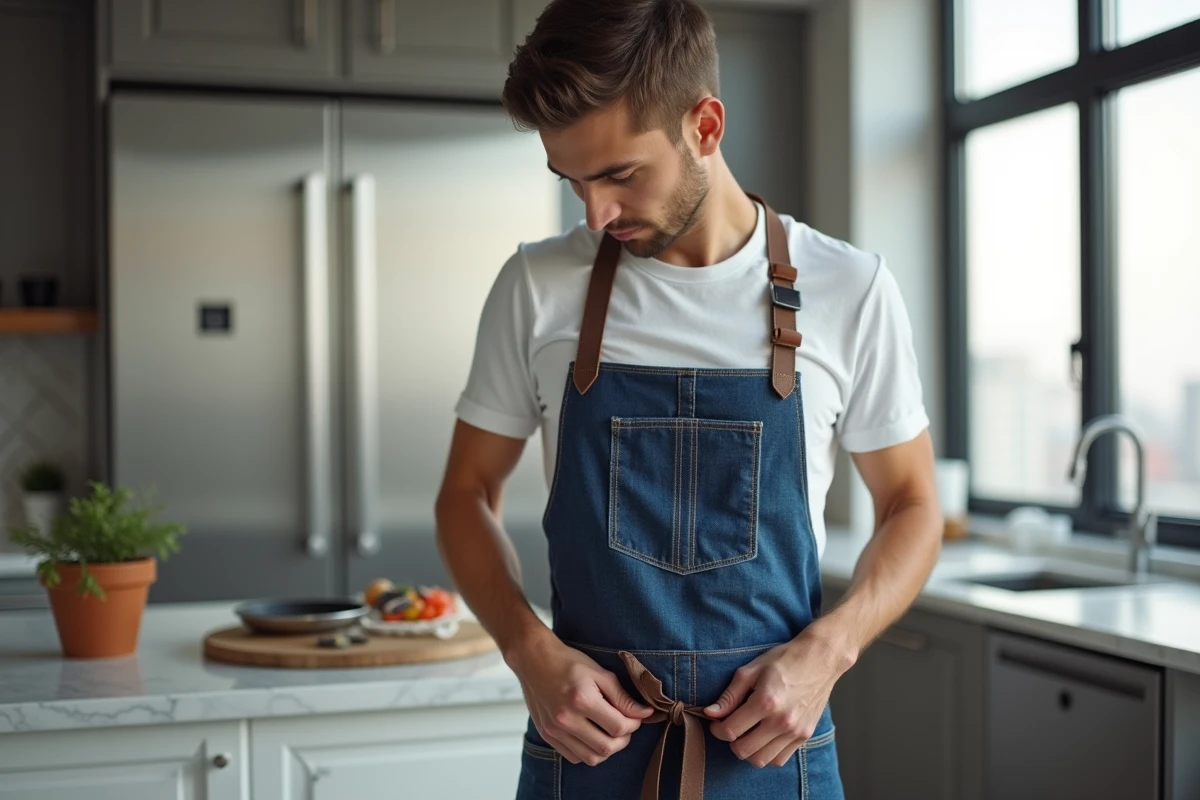 Jeune homme en tablier en denim dans une cuisine moderne