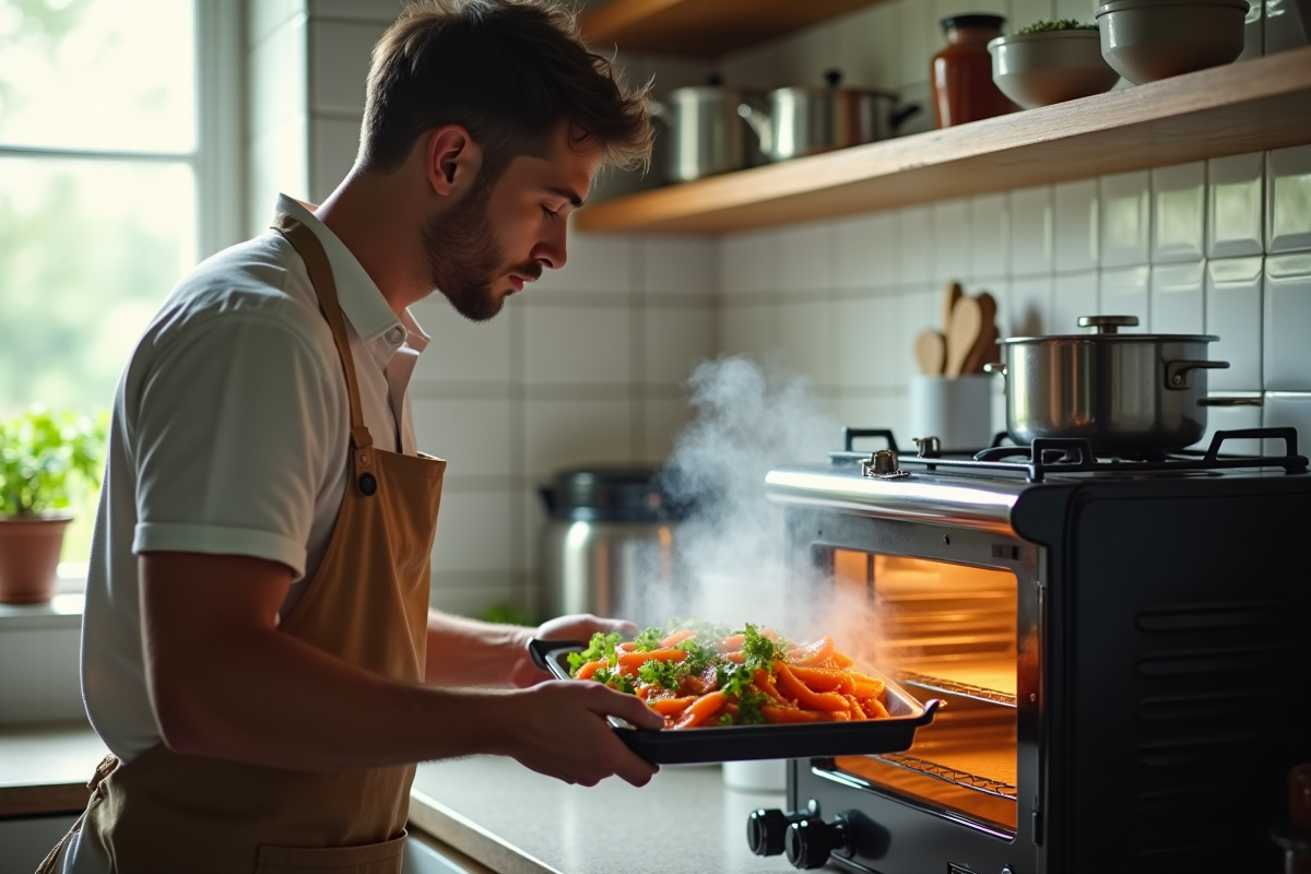Jeune homme retirant des légumes cuits à la vapeur dans une cuisine chaleureuse