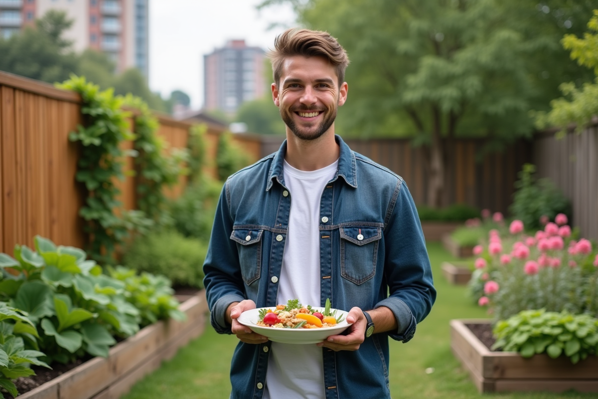 Jeune homme dans un jardin communautaire avec nourriture saine