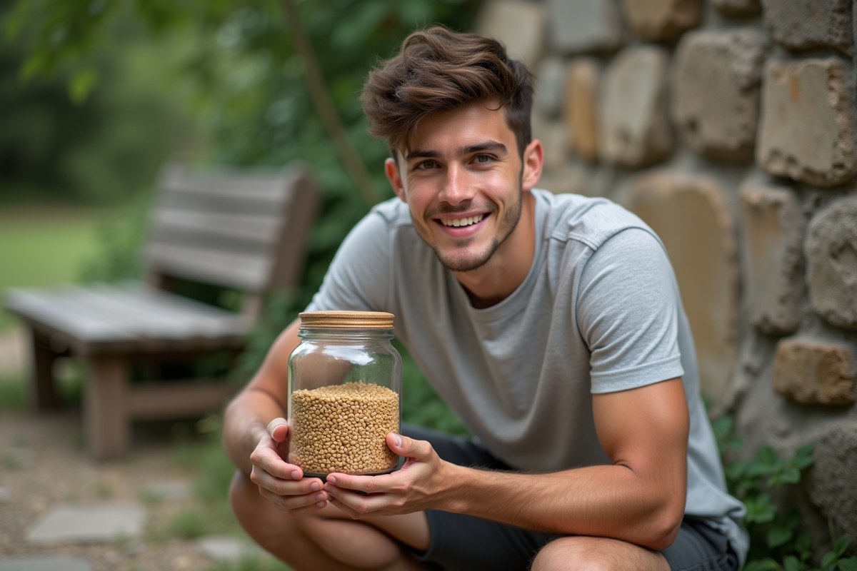 Jeune homme tient un pot de lentilles dans un jardin paisible