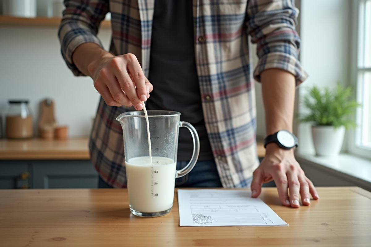 Jeune homme mesurant eau et lait pour une recette