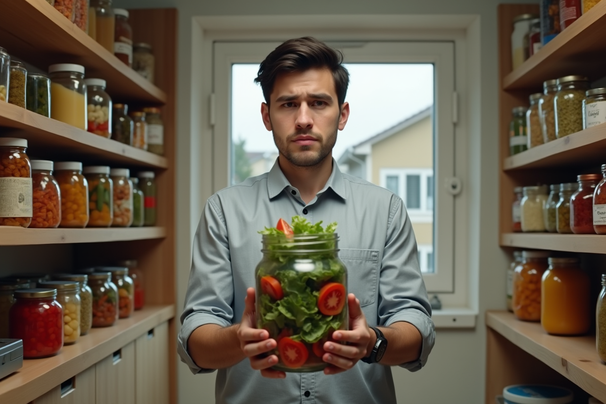 Jeune homme dans une épicerie maison tenant un bocal de légumes frais