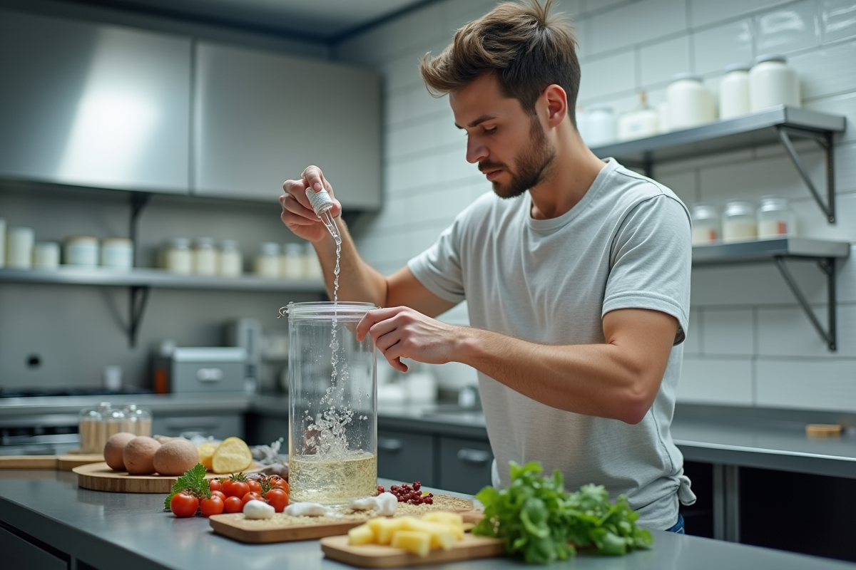 Jeune homme versant liquide dans un bocal de fermentation