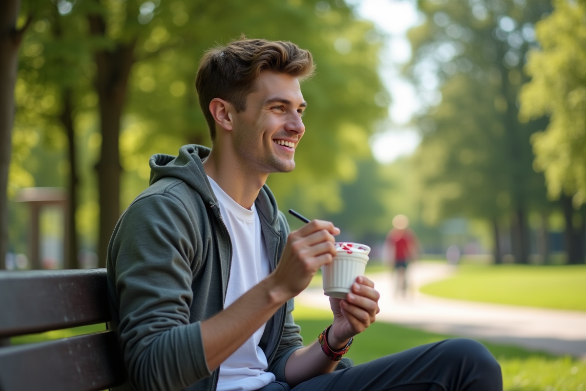 Jeune homme détendu mangeant un yaourt dans un parc ensoleille