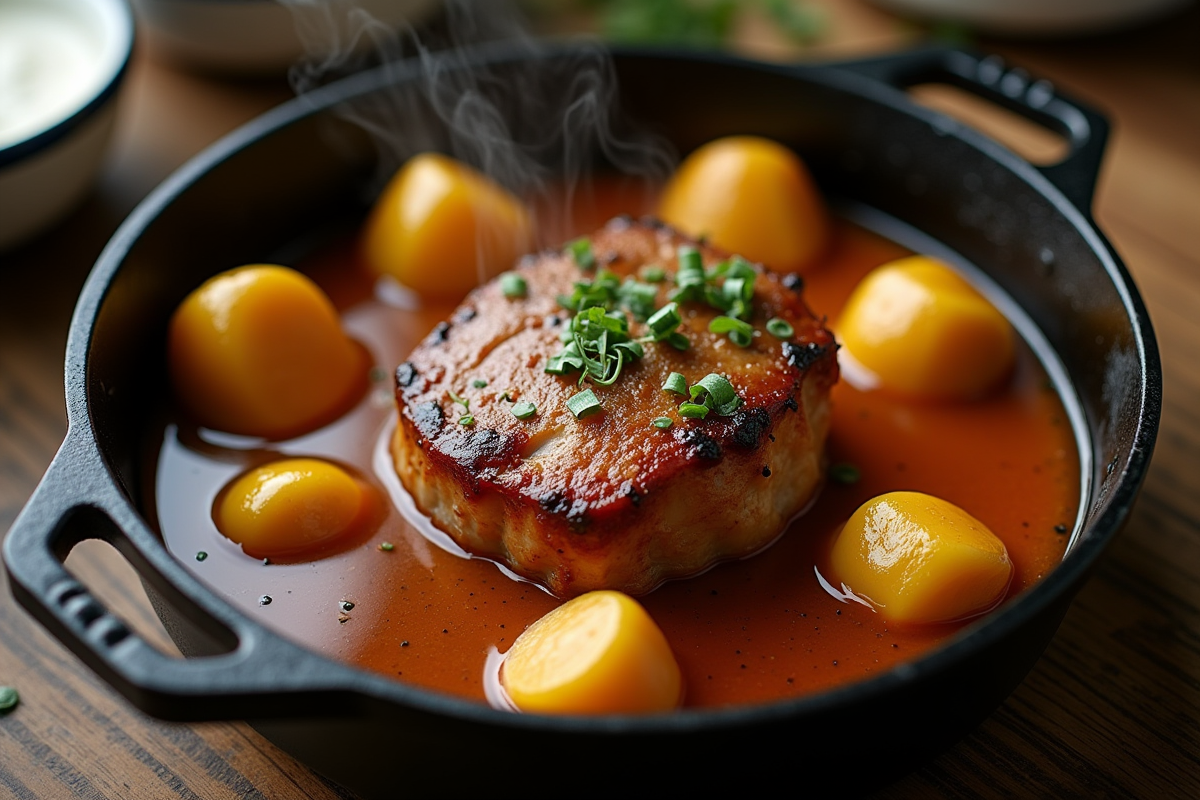 Gros plan sur joue de porc en sauce bière dans une cocotte en fonte