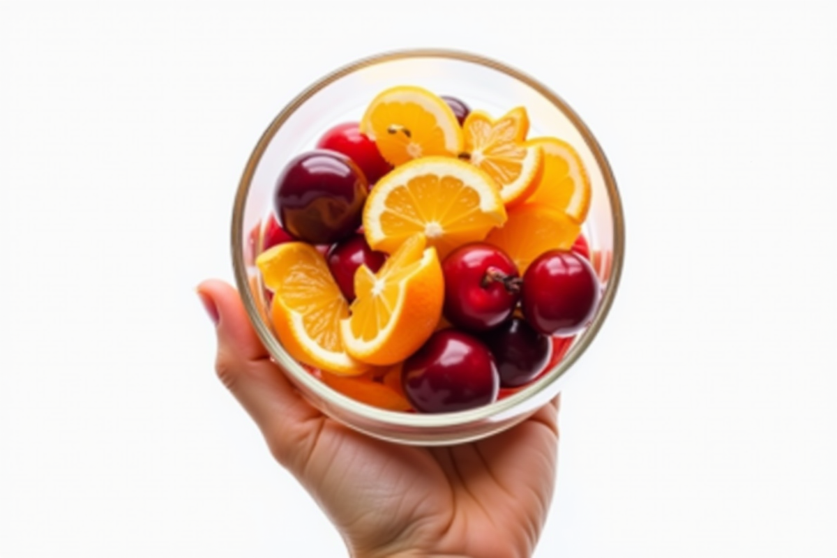 Main tenant un verre avec cerises clementines et carambole sur fond blanc